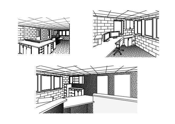 3 views of Wilson office redesign sketch